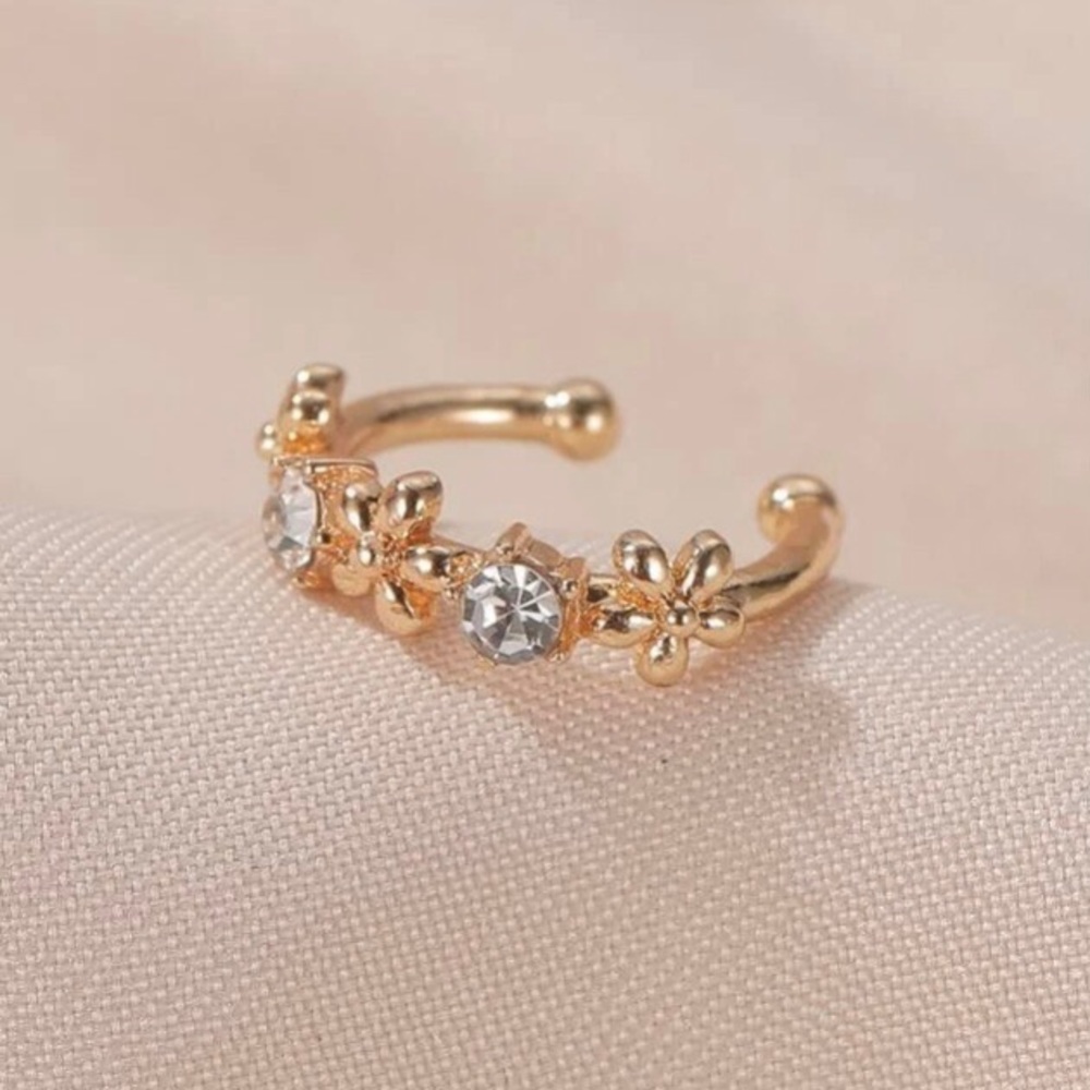 Gold & Rhinestone Flower Ear Cuff Clip - Picture 2 of 5